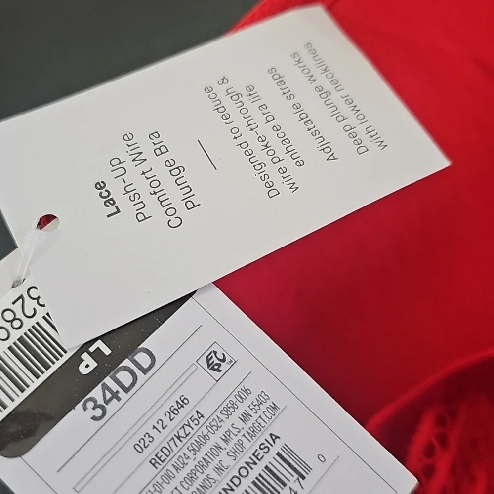 Auden Lace Push up Comfort Wire Plunge Bra Red Size 34DD